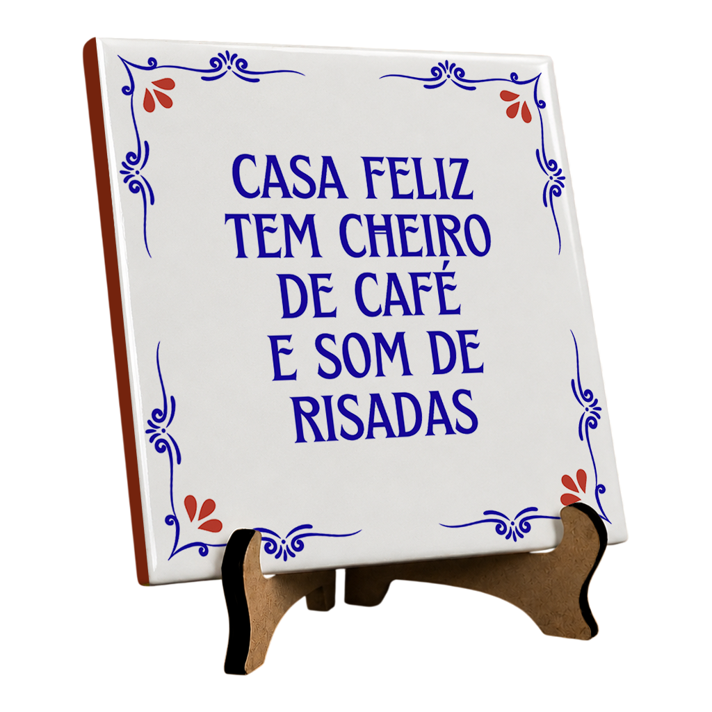 Azulejo Decorativo Com Frase - Casa Feliz Tem Cheiro De Café - 10x10cm - Vista 2