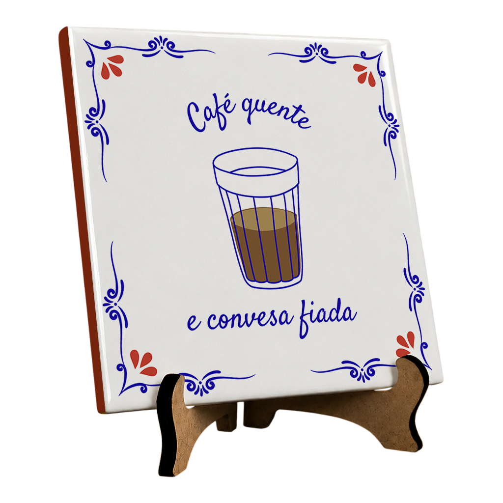 Azulejo Decorativo Com Frase e Desenho - Café Quente e Conversa Fiada - 10x10cm - Vista 2