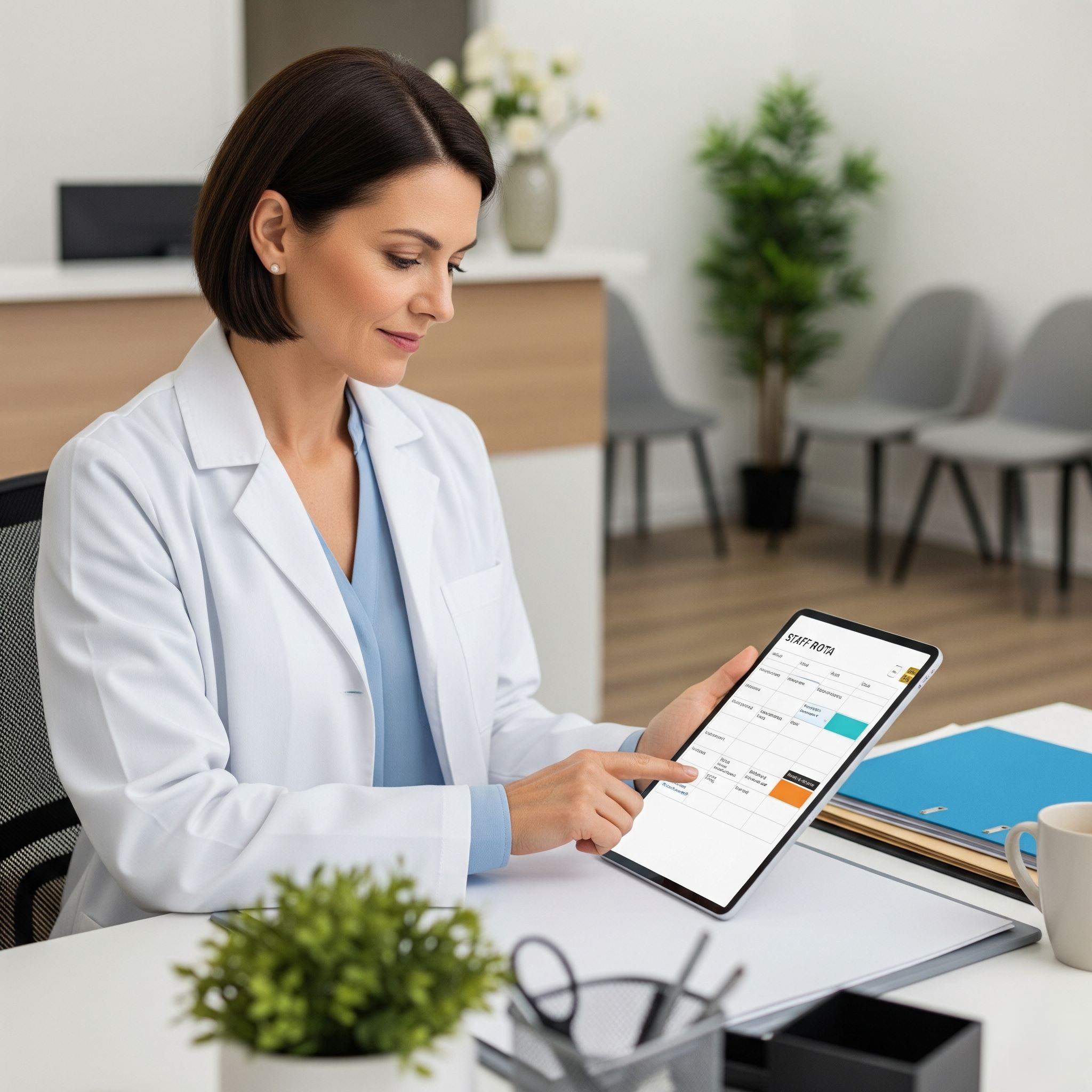 A healthcare professional uses a tablet to manage schedules.