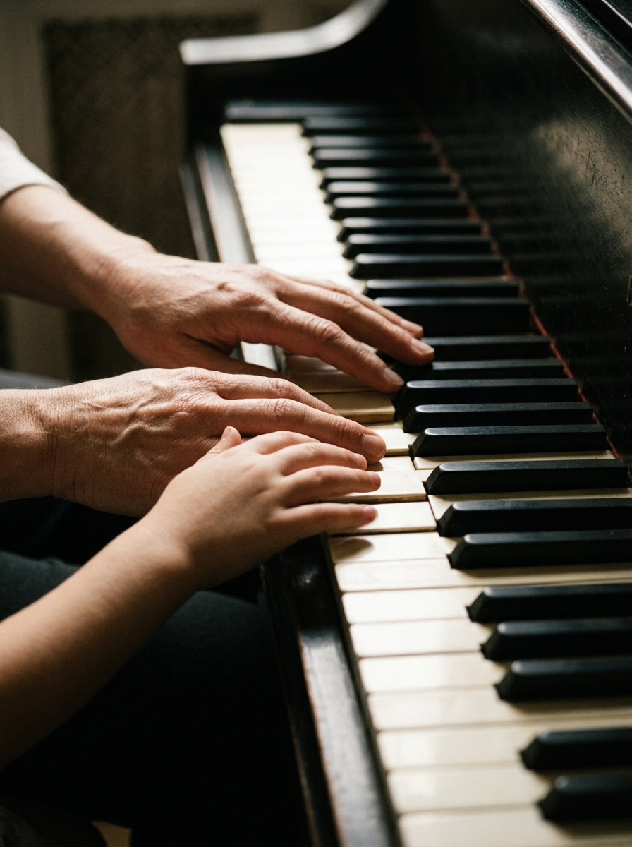 A close-up of hands gently resting on a piano keyboard, illuminated by a strong, singular light source from the top left. Deep, sharp-edged shadows fall across the keys, creating a dramatic chiaroscuro effect. The mood is calm, focused, and intimate, reflecting a high-end, sculptural minimalism typical of editorial photography.