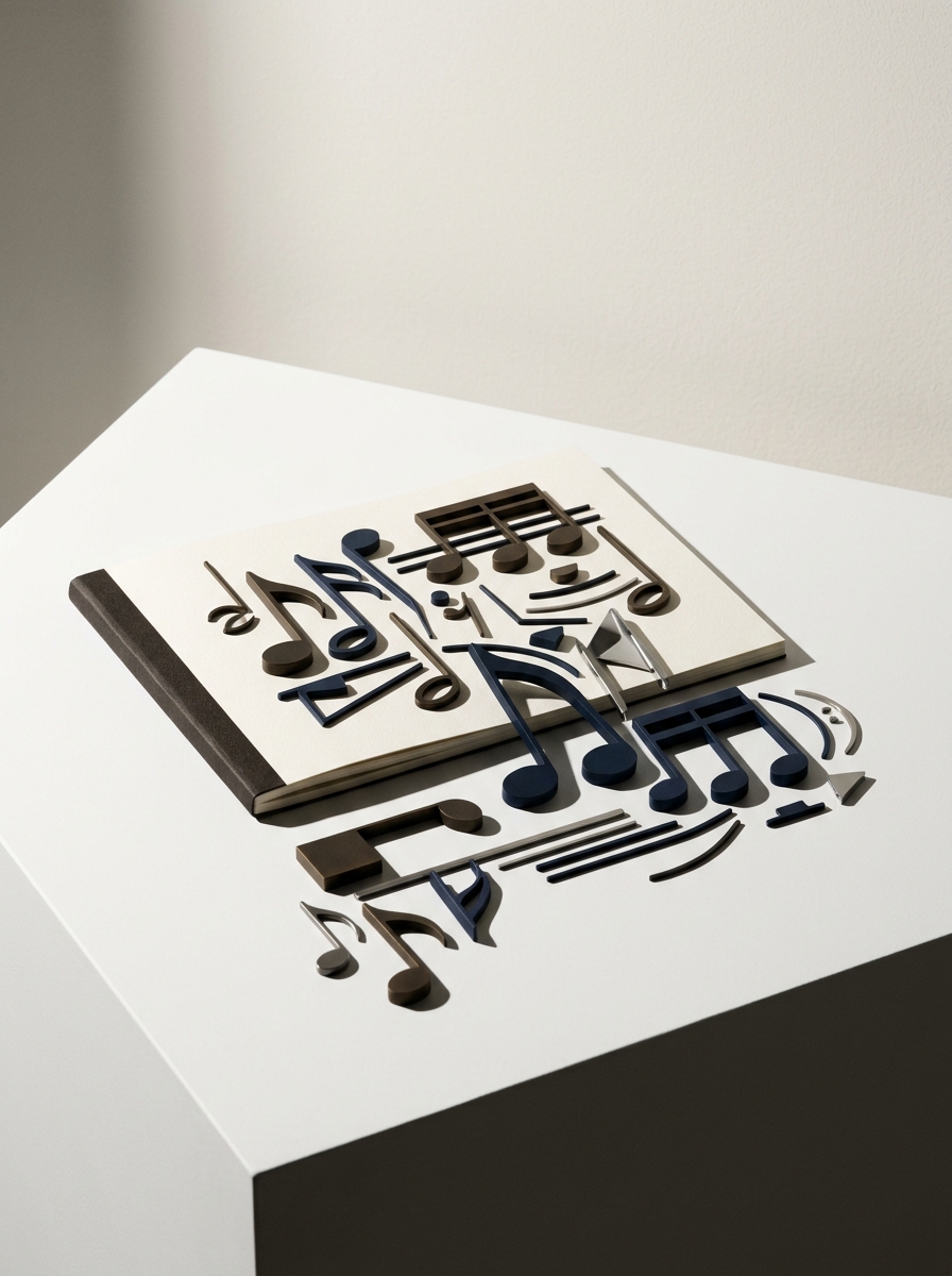 A minimalist arrangement of abstract musical notes or conceptual geometric shapes on a pristine white surface, lit by stark side-lighting. The high-contrast shadows give the composition a 3D, tangible feel, resembling a modern art gallery exhibit. The scene conveys structure, intellectual rigor, and luminous clarity.