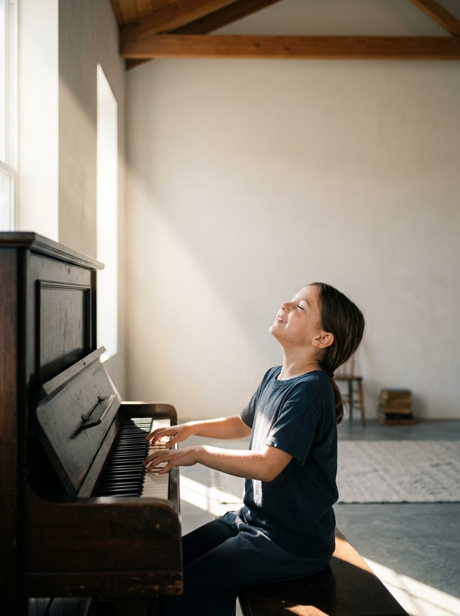 A wide, sunlit room featuring an individual playing an instrument with visible joy and expansive body language. The space is largely empty, acting as a physical medium of negative space. A dramatic beam of light crosses the room, highlighting the musician against a warm, tactile background, evoking emotional release and pure creative freedom.