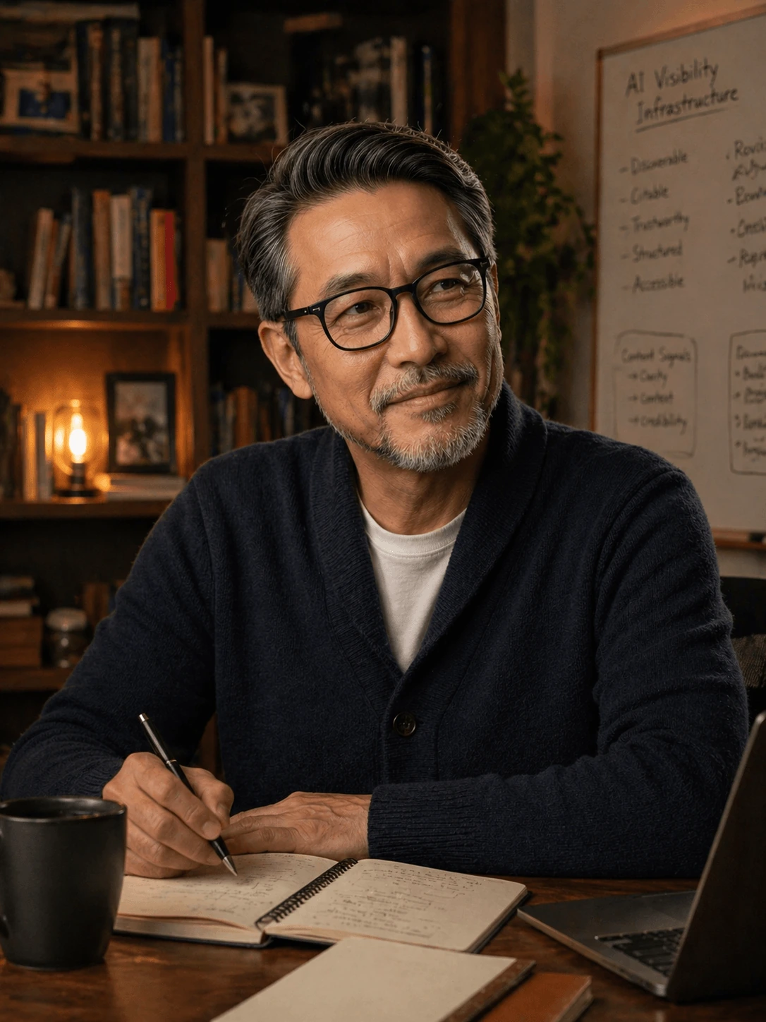 Rovi Quin at a desk illustrating the consistent voice across articles, scan results, ads, and social.