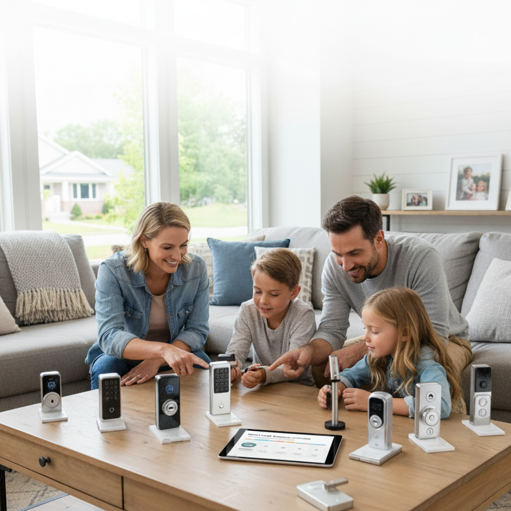 Family at front door using smart lock
