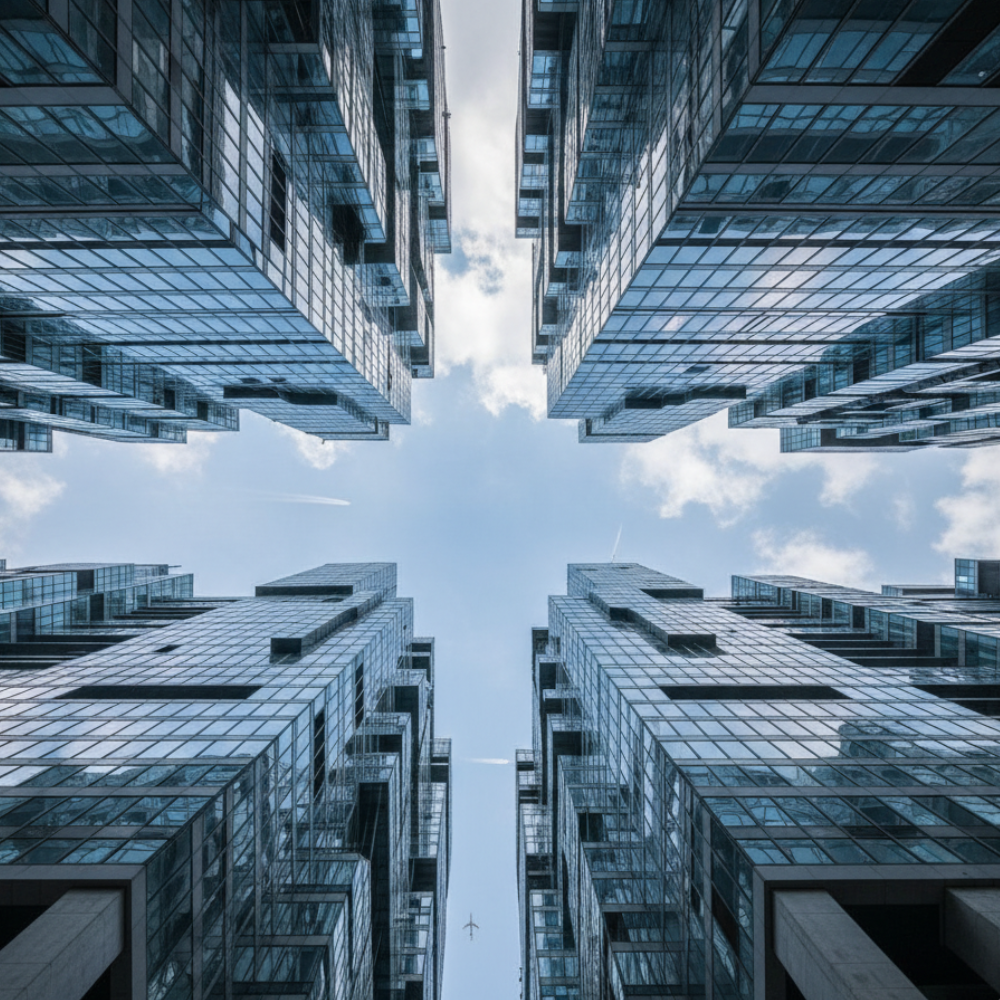 Modern building exterior reflecting the sky