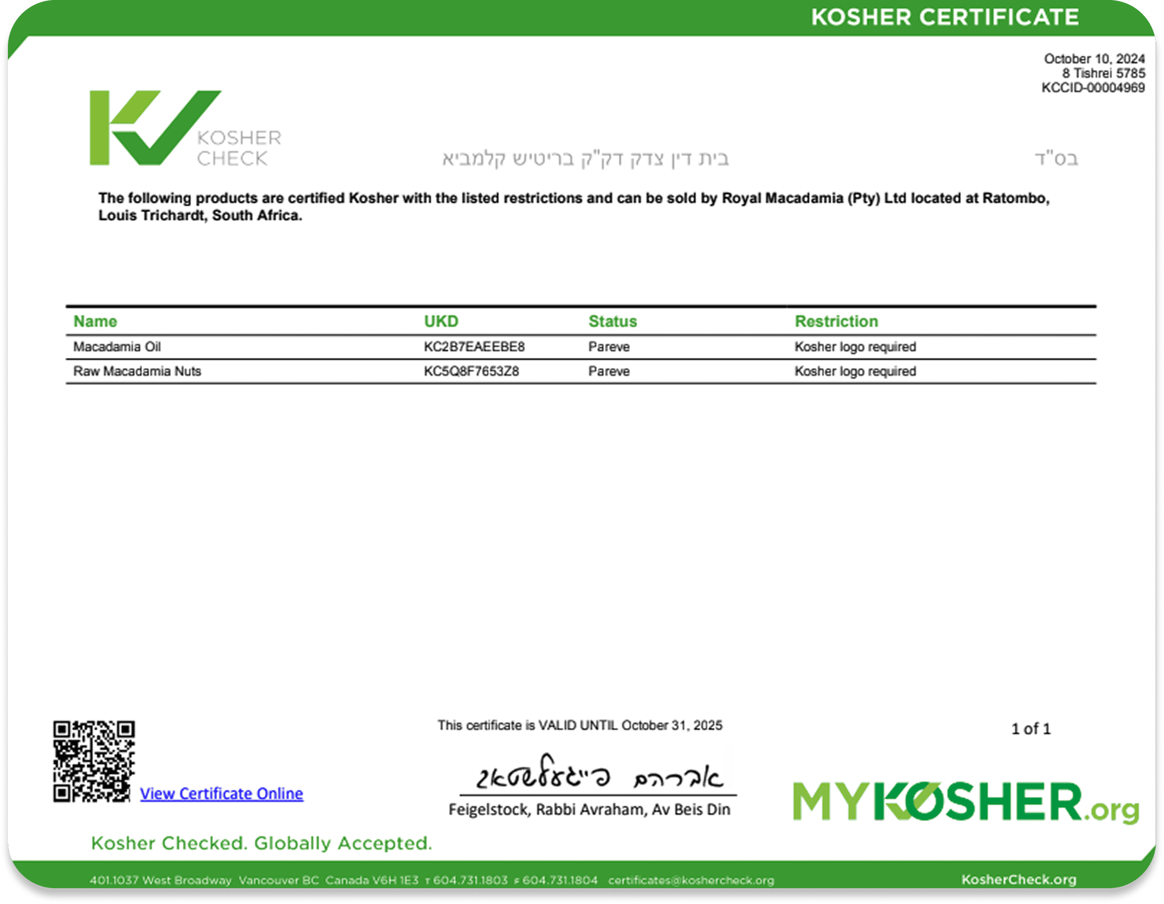 Kosher Certificate