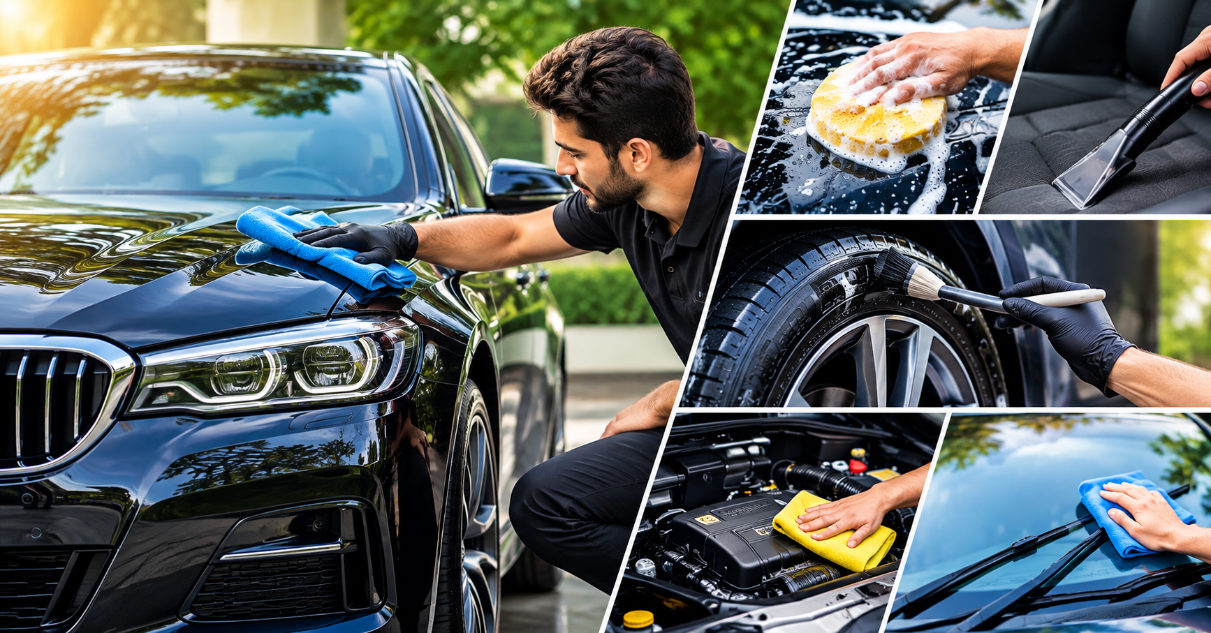 Professional car detailing service showcasing exterior cleaning, interior vacuuming, tire care, engine cleaning, and windshield detailing for a clean, polished, and well-maintained vehicle. car cleaning Bangalore