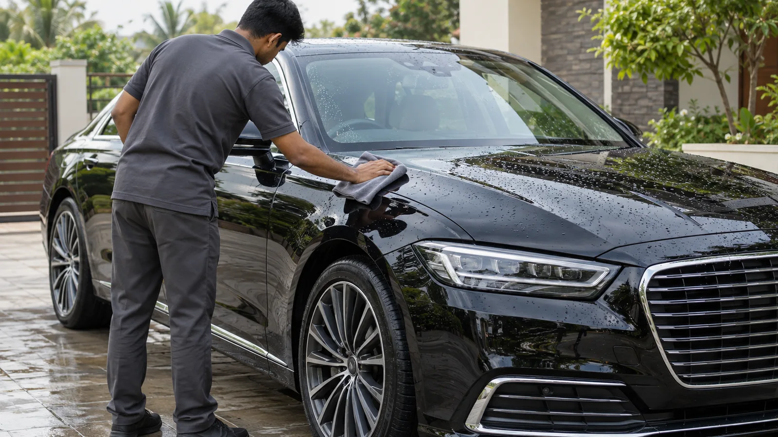 Royal Royce Detailing professional hand-cleaning a black sedan at a customer's doorstep