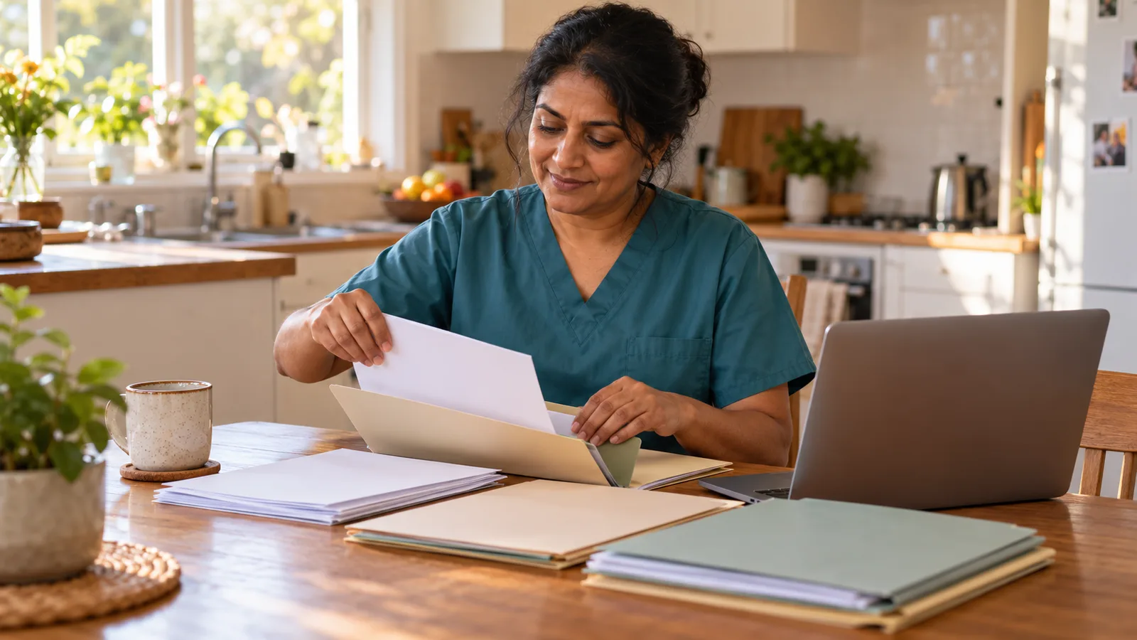 A care worker in teal scrubs sorts papers into folders beside a laptop at a sunlit kitchen table.