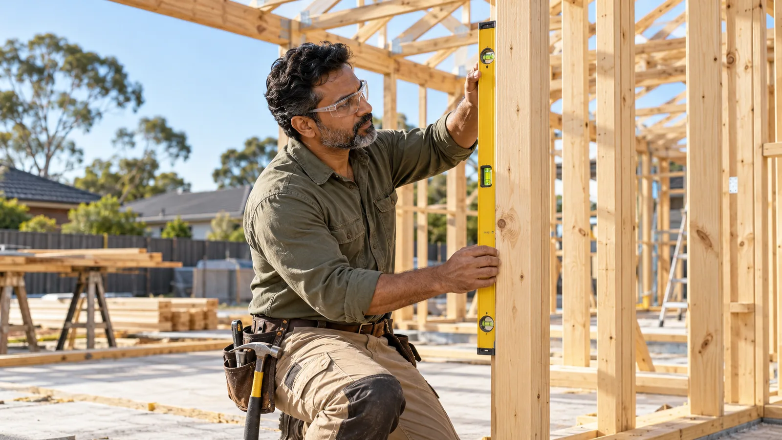 Carpenter wearing safety glasses checks a timber wall frame with a spirit level on an Australian house site.