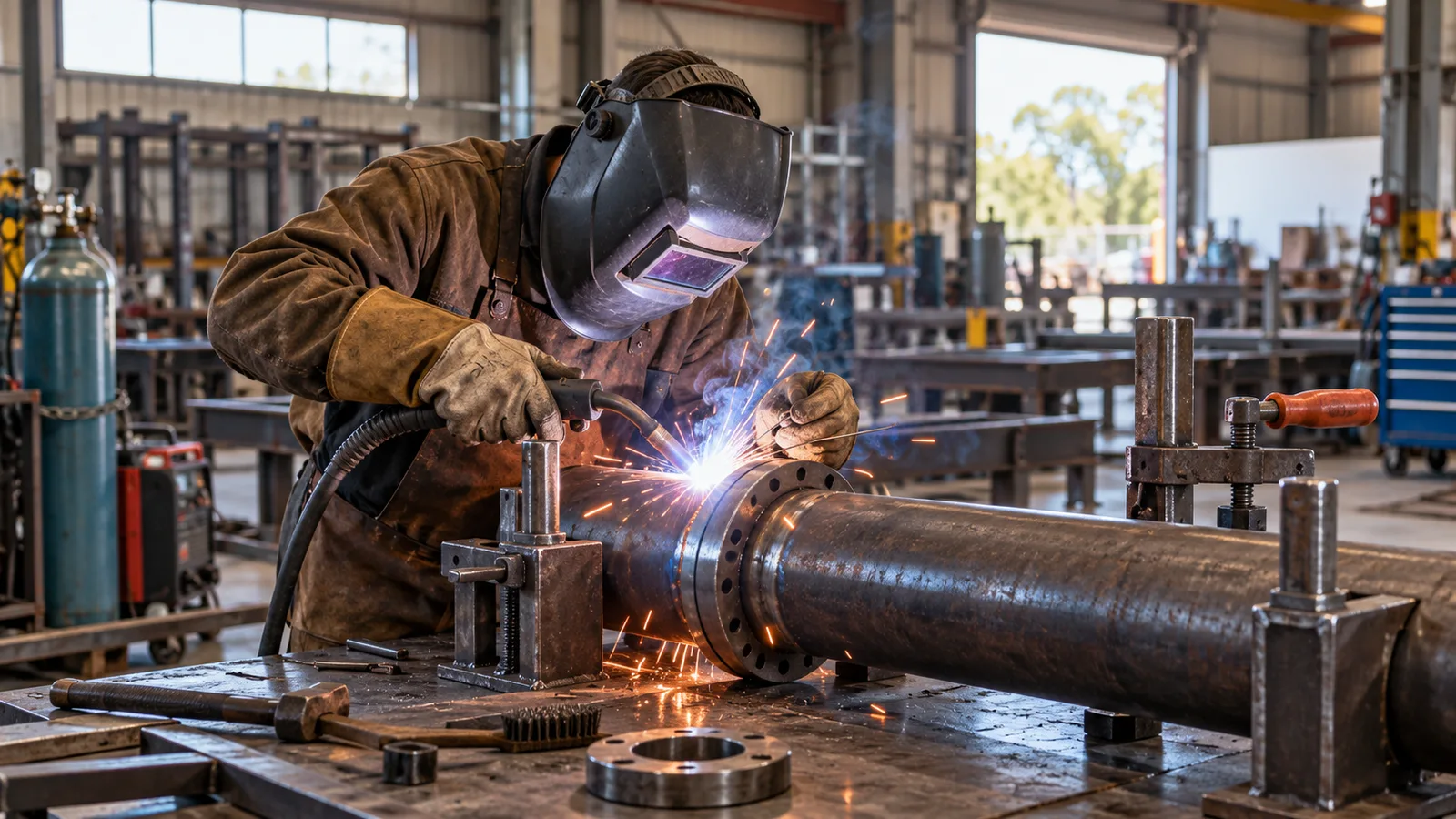 An experienced welder welds a steel pipe joint amid sparks in an Australian fabrication workshop.