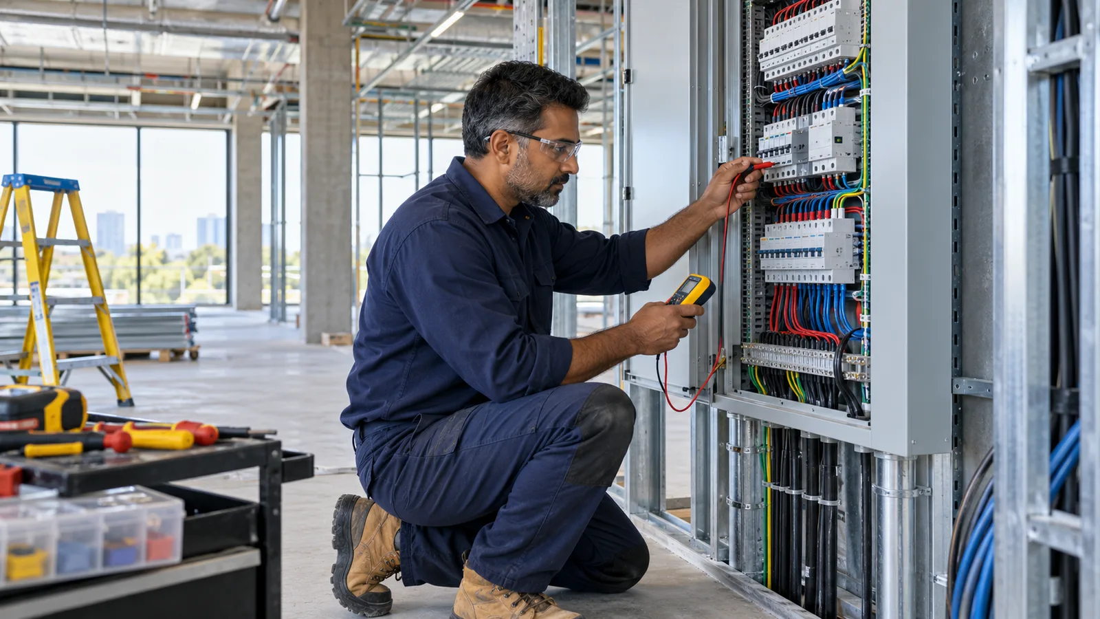 An electrician tests a switchboard with a multimeter on an Australian commercial building site.