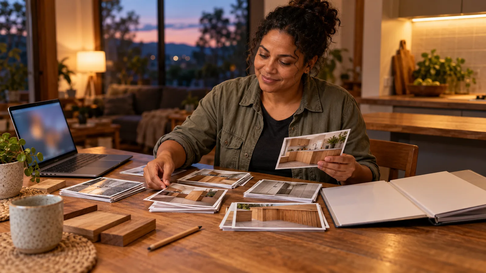 A tradeswoman sorts photos of completed tiling and carpentry jobs beside an open folder and laptop at a kitchen table.