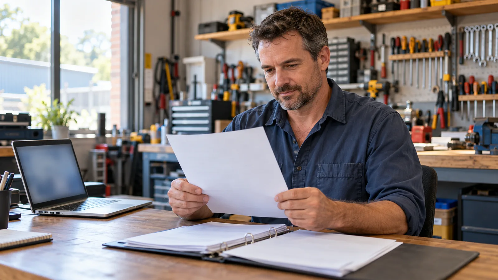 A tradesman reviews an employer reference letter beside an open folder and laptop in a sunlit workshop office.