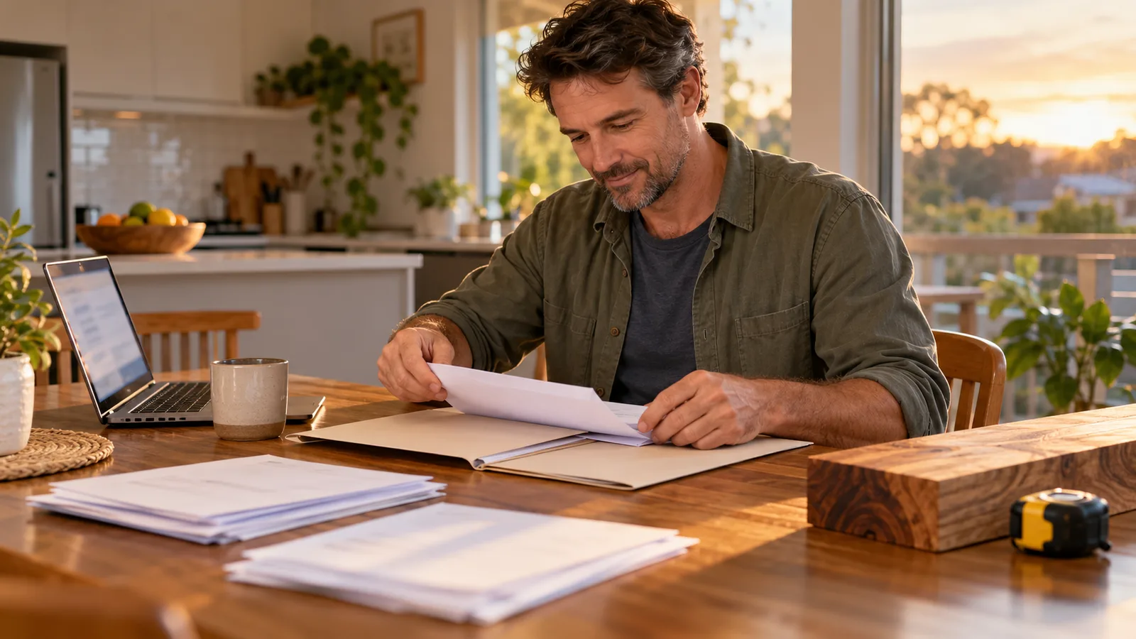 A cabinetmaker sorts papers into a folder at his kitchen table beside a laptop, timber offcut and tape measure.