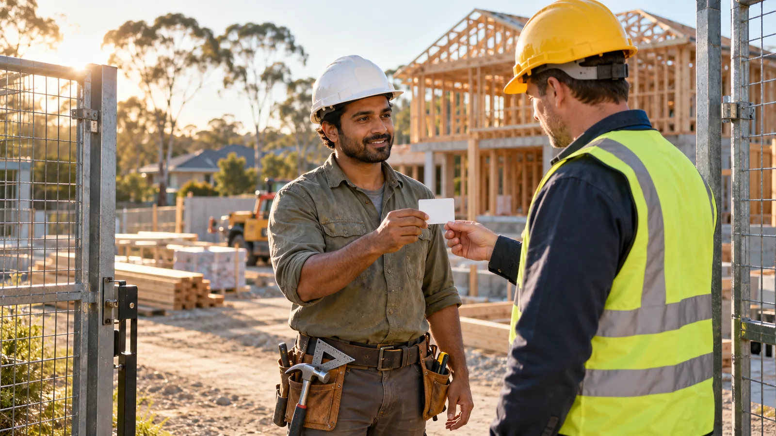 Carpenter showing a small card to a supervisor at a Sydney building site gate in the morning light.