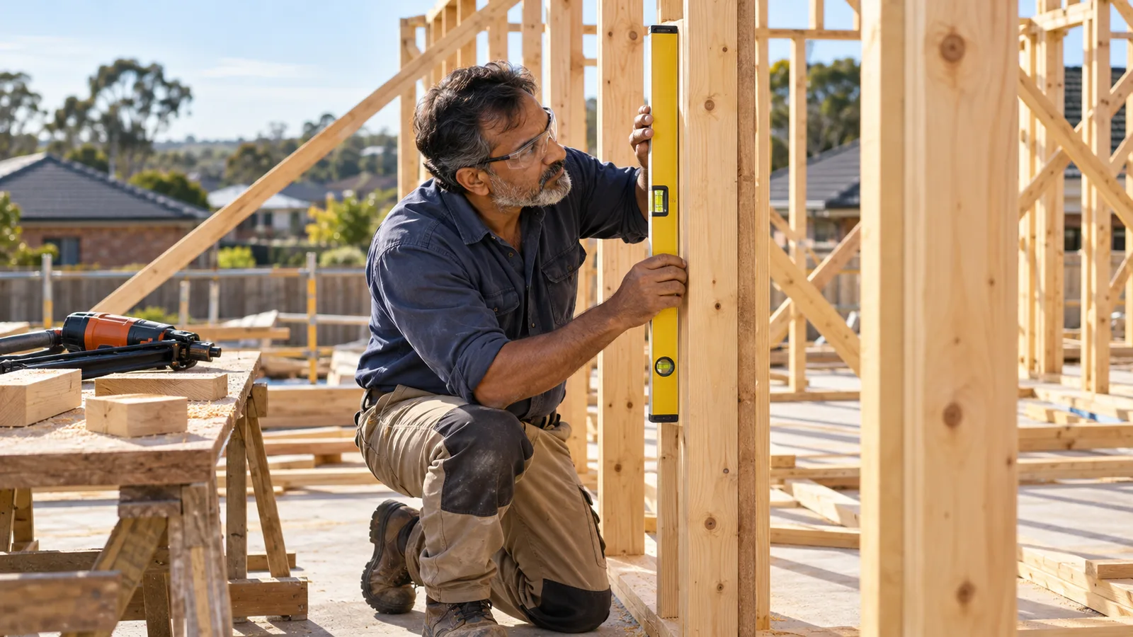 An experienced carpenter checks a timber wall frame with a spirit level on a sunlit Sydney house build.