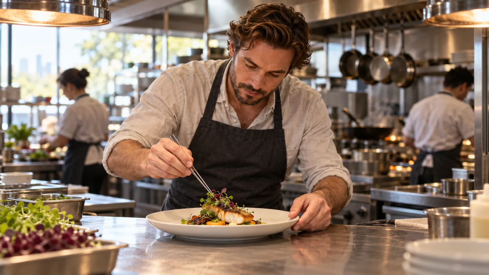 An experienced chef in a dark apron carefully plates a dish at the pass of a busy commercial kitchen.