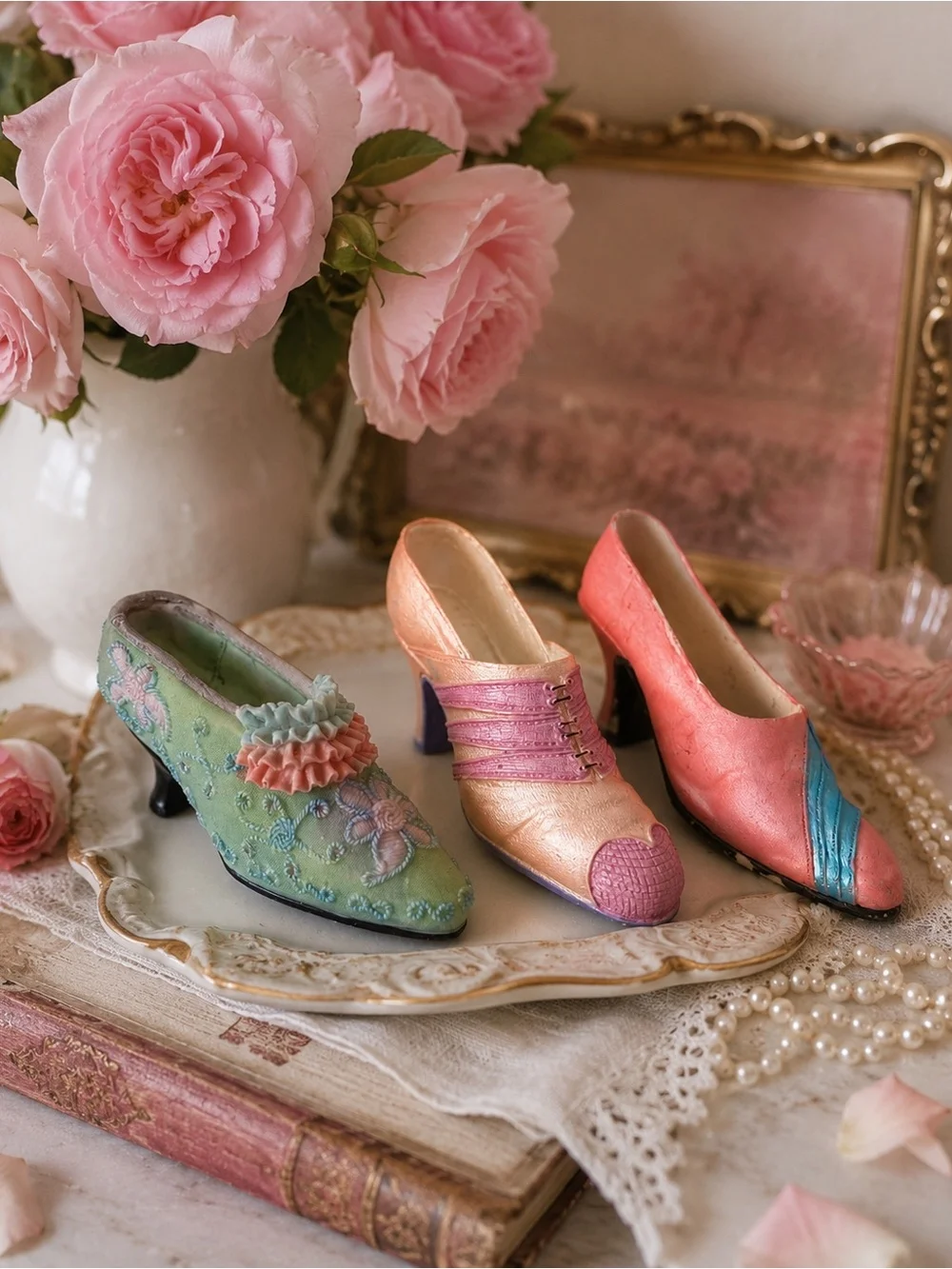 Set Of 3 Women'S Decorative Heels - Pink, Coral, Green