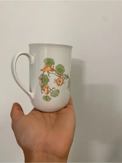 Vintage Korea Mug - White Ceramic Mug with Orange Nasturtium Floral Motif