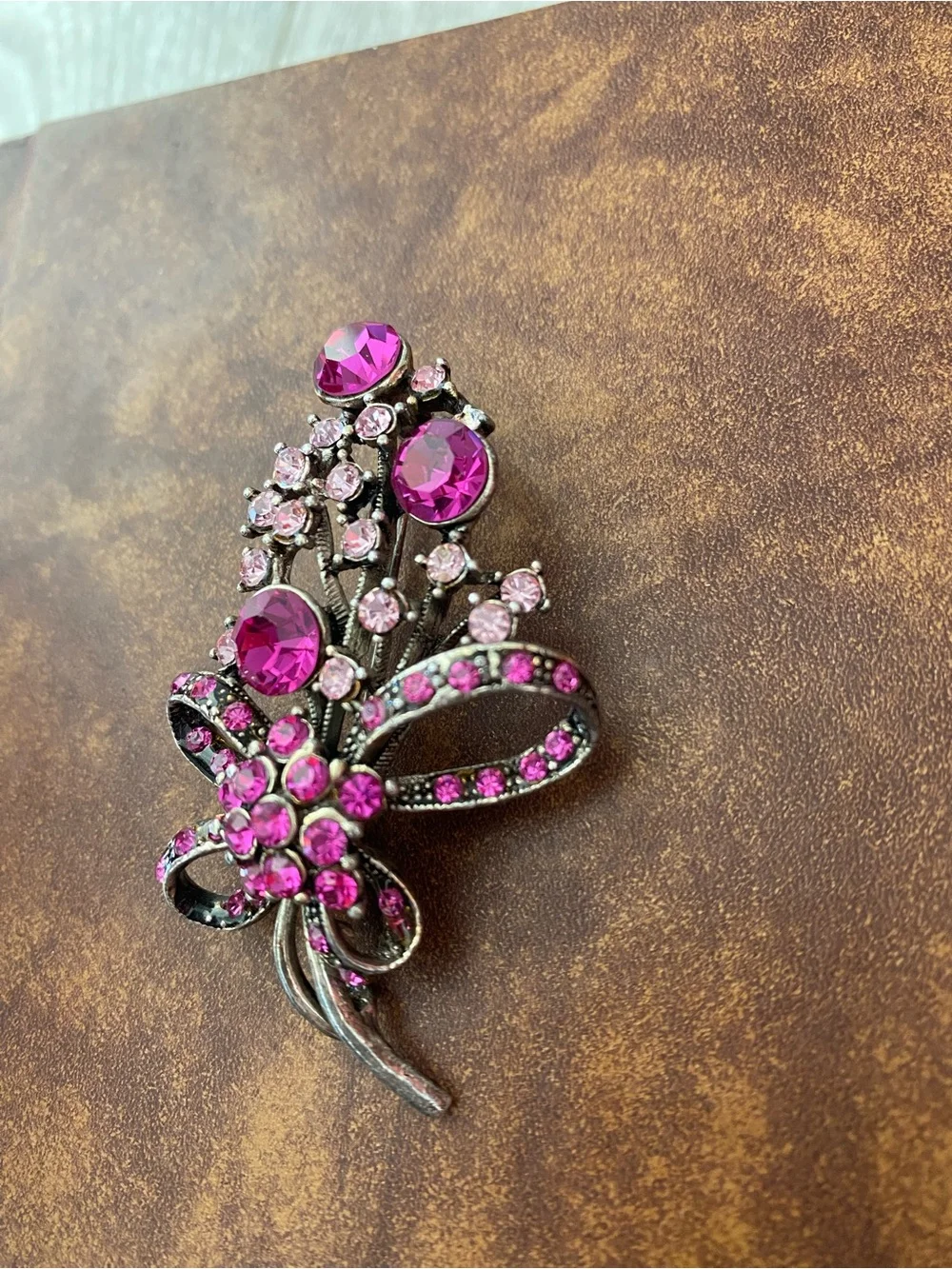 Pink Crystal Floral Brooch - Unsigned