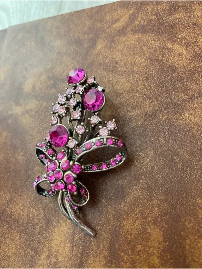 Pink Crystal Floral Brooch - Unsigned