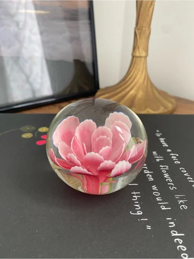 Handmade Pink Floral Glass Paperweight - Decorative Home Art