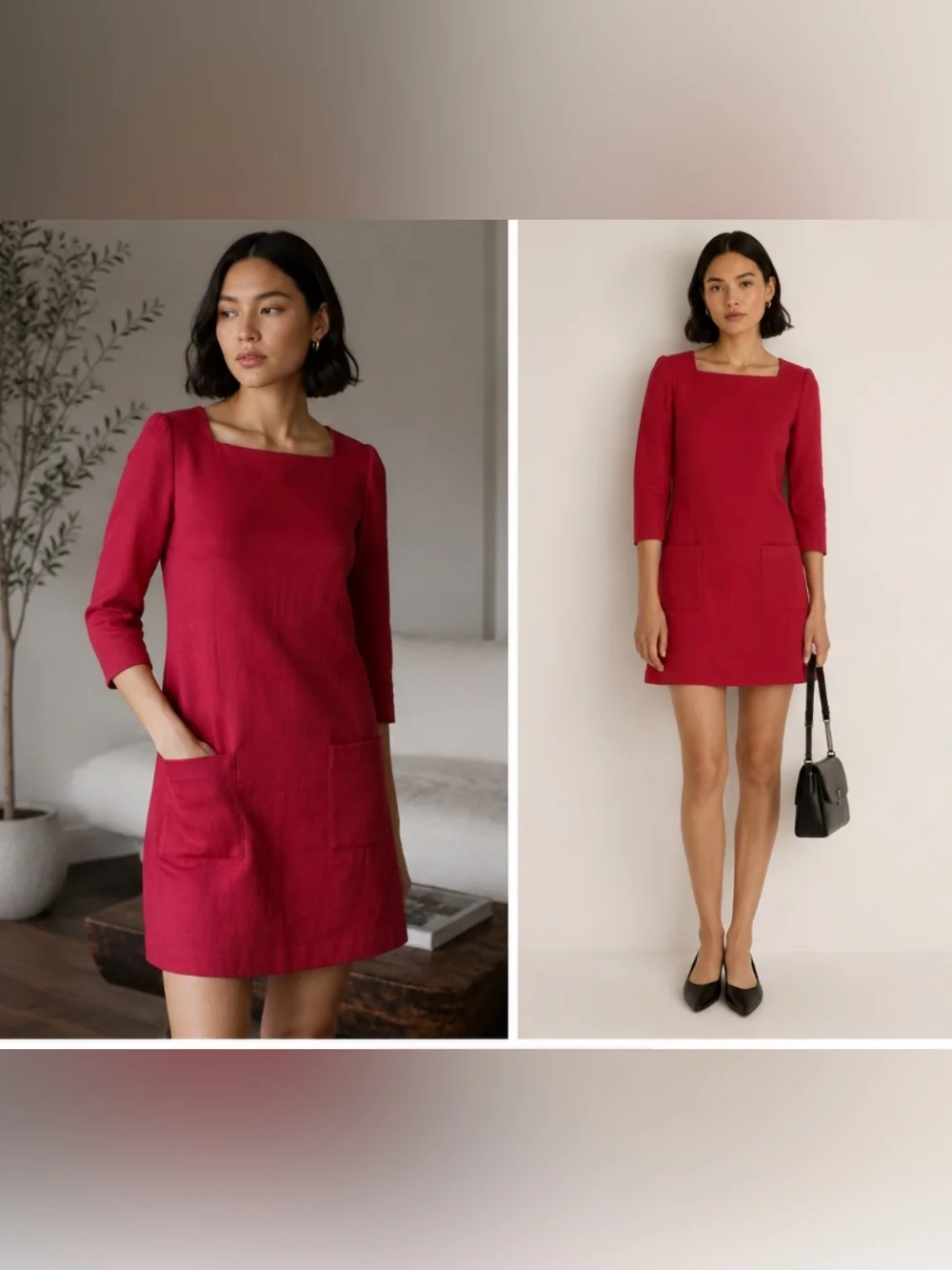 Designer - Red Mini Shift Dress With Patch Pockets