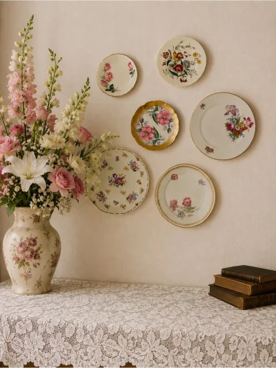 Curated Floral Wall Plate Set - Pink, White, Gold Accents