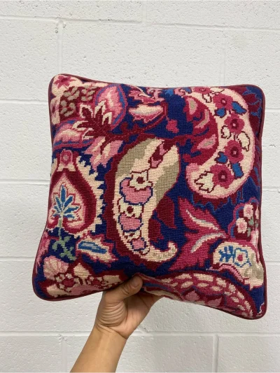 Blue And Pink Paisley Embroidered Throw Pillow