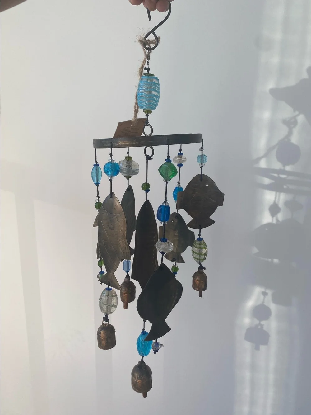Nana Bells Chime - Hanging Metal Fish Wind Chime With Blue & Green Glass Beads