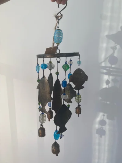 Nana Bells Chime - Hanging Metal Fish Wind Chime With Blue & Green Glass Beads