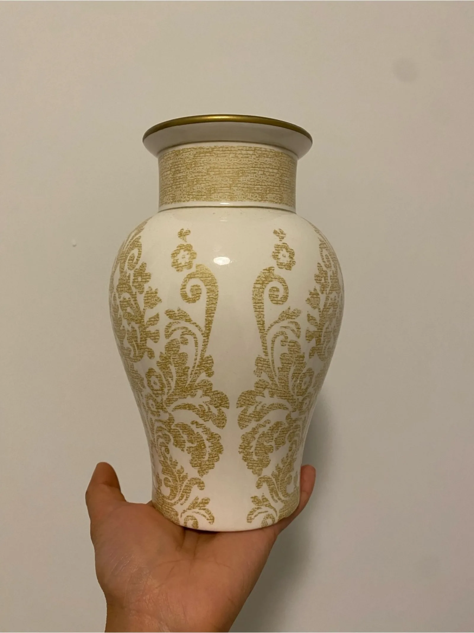 Vintage White & Gold Damask Ceramic Urn Vase