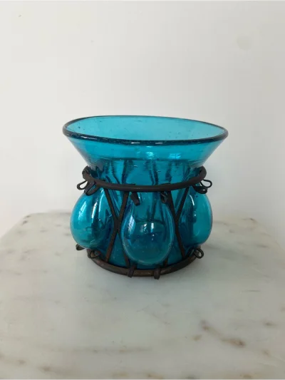 Brutalist Metal Caged Blown Green Glass Vase Votive Candle Holder 4.25"