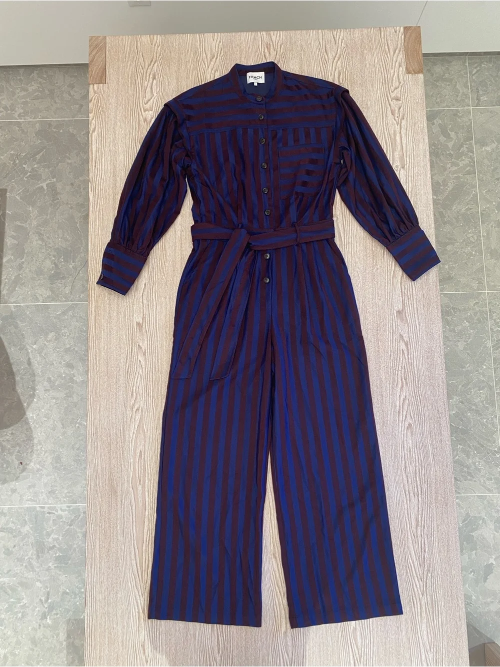 Brand New Frnch Striped Navy And Burgundy Button-Front Jumpsuit