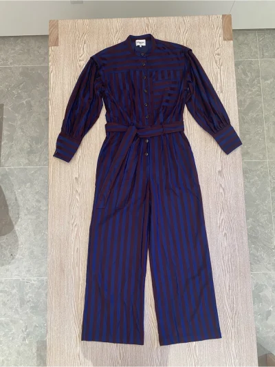 Brand New Frnch Striped Navy And Burgundy Button-Front Jumpsuit