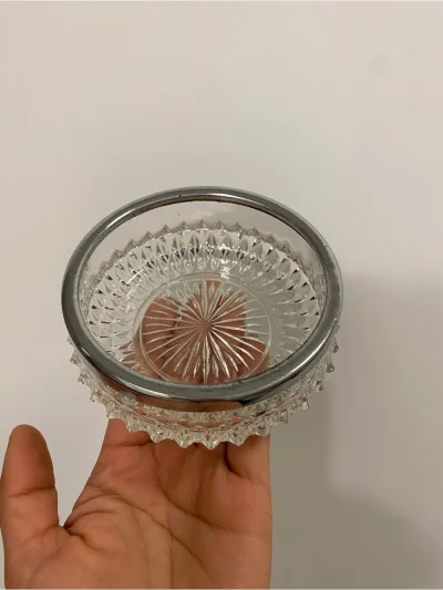 Diamond Cut Glass Jewelry Trinket Dish/ Bowl With Silver-Plate Rim