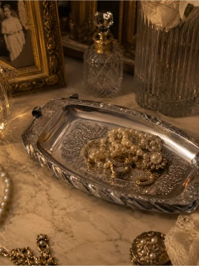 Ornate Silver-Tone Decorative Serving Tray - Jewelry Holder