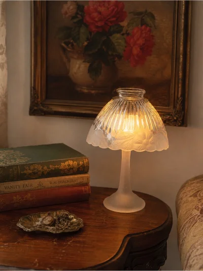 Fairy Lamp Inspired- Frosted Glass Table Lamp With Floral Etched Shade