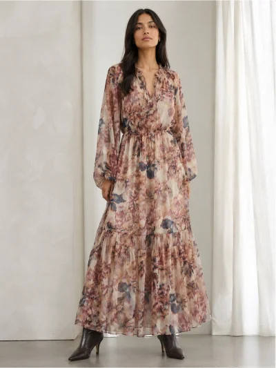 New Floral Maxi Dress In Beige And Rust