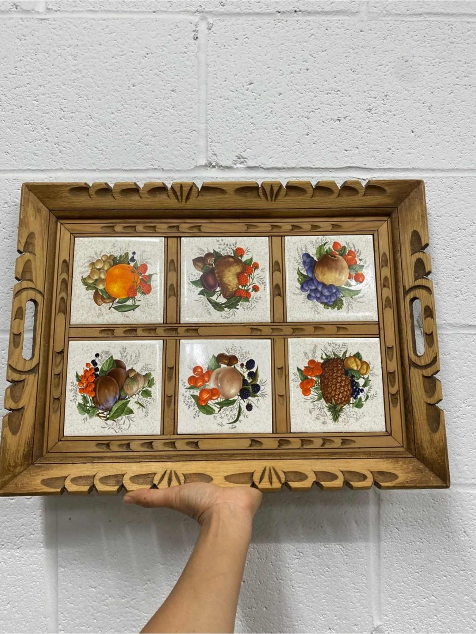Vintage 70s Talavera Wood Tray – Mexican Ceramic Inlay, Fruit Design