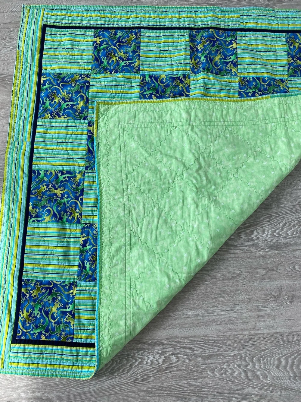 Lizard Print - Blue & Green Patchwork Baby Quilt / Small Blanket