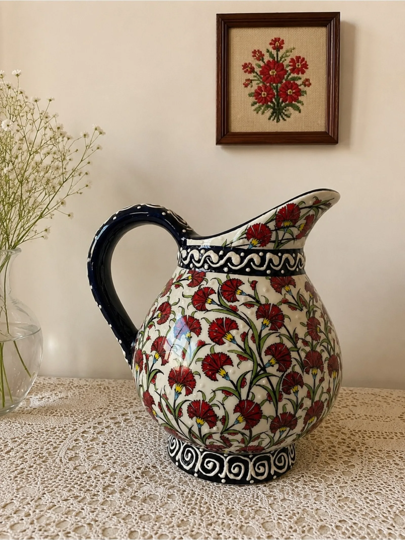 Handmade Turkish Ceramic Pitcher | Floral Pottery Ewer | Hand-Painted Decorative