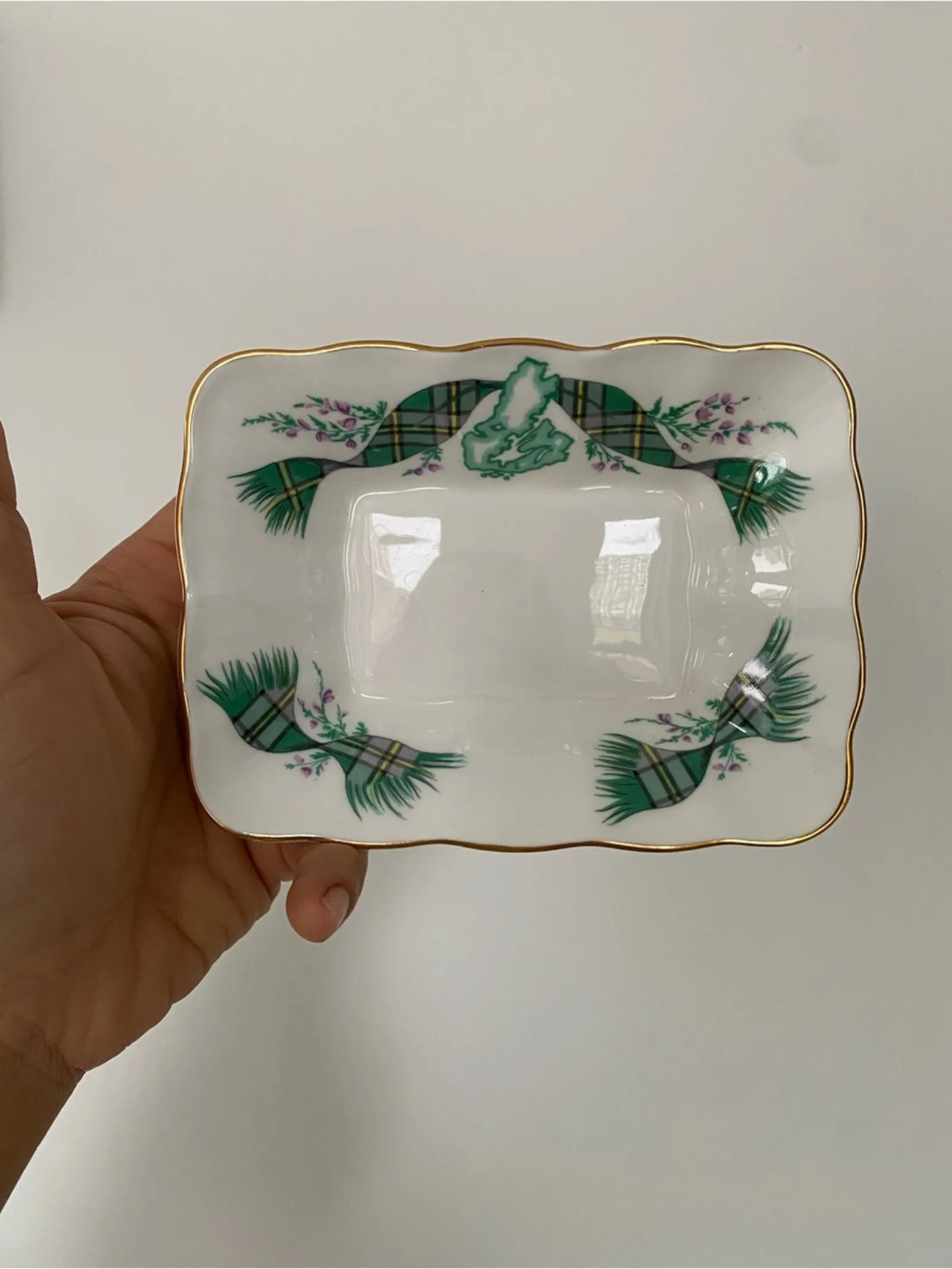 Royal Albert Porcelain Trinket Dish with Green Plaid Ribbon and Gold Edge