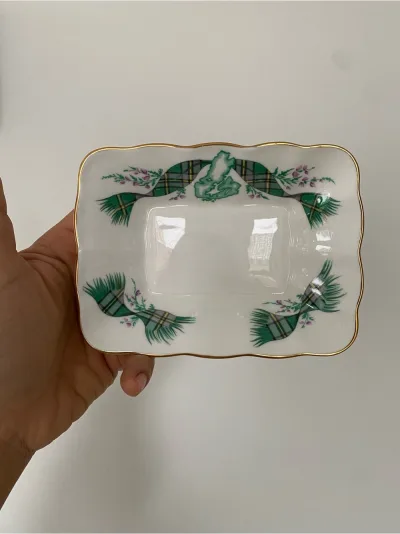 Royal Albert Porcelain Trinket Dish with Green Plaid Ribbon and Gold Edge
