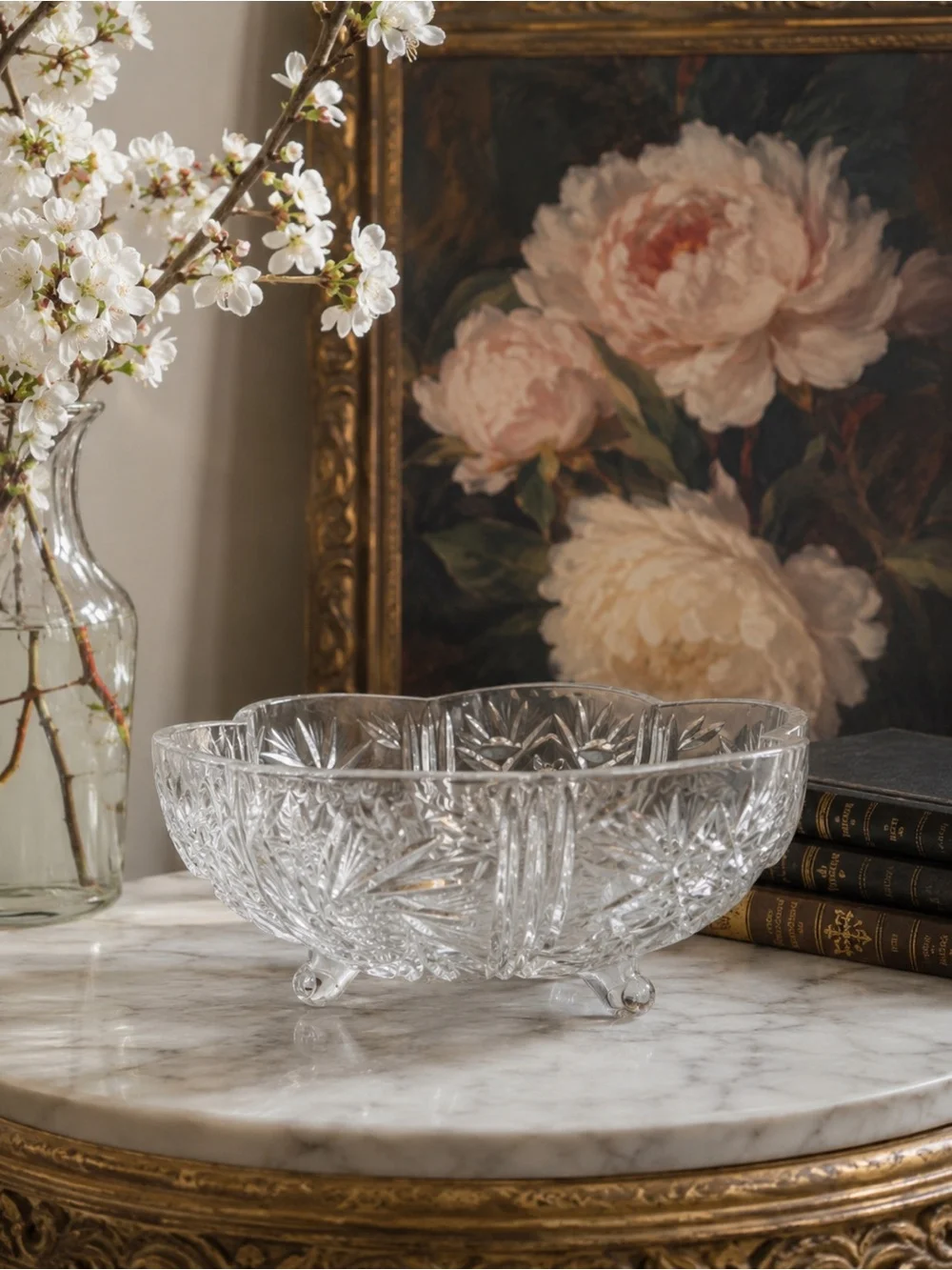 Bohemia Czech Republic Hand Cut Crystal 3 Footed Bowl, 10" Dia, 5" High