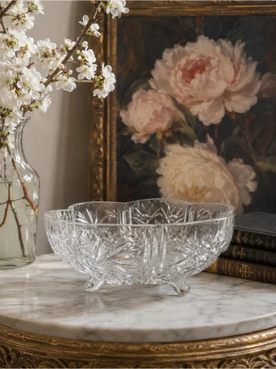 Bohemia Czech Republic Hand Cut Crystal 3 Footed Bowl, 10" Dia, 5" High