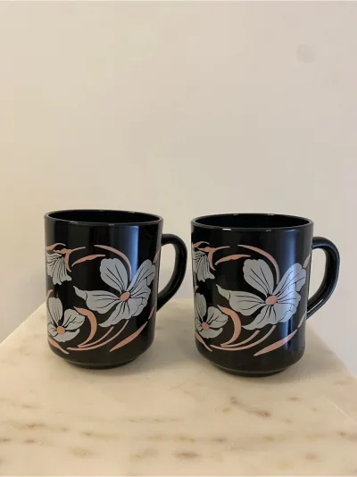 Vintage French Arcoroc Set of 2 mugs, dark floral, black tempered glass