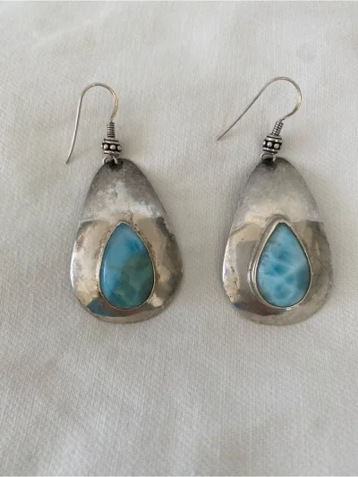 Sterling Silver Natural Larimar Statement Earrings- Genuine Gemstone- Orig. $345