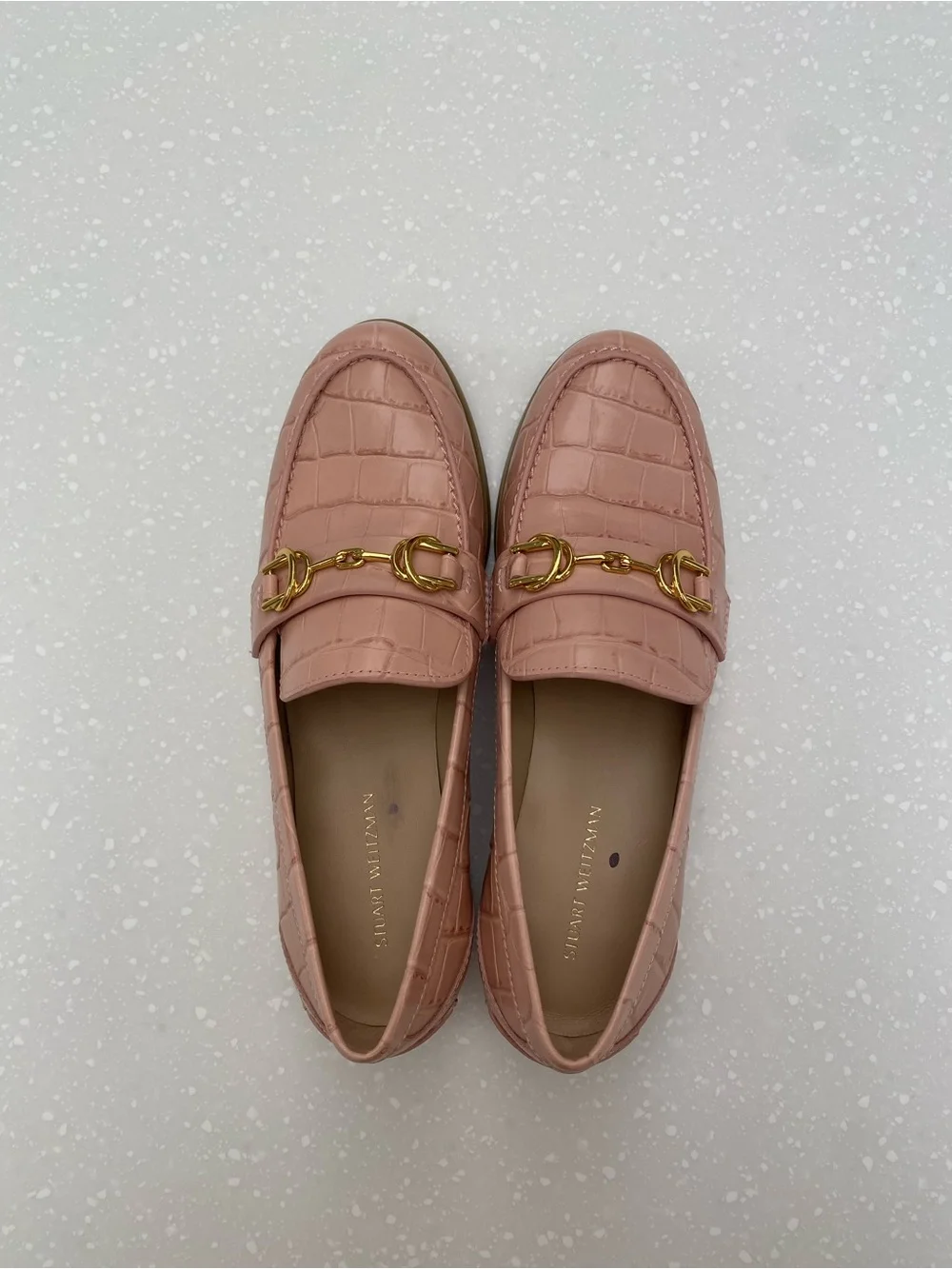 Brand New - Stuart Weitzman- Pink Croc-Embossedleather Loafers With Gold Bit